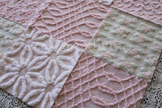 Pink Quilt Squares, Daisy Rosebud Craft Square Set from Vintage Bedspread Fabric, 16 Blocks, 6" x 6" inch