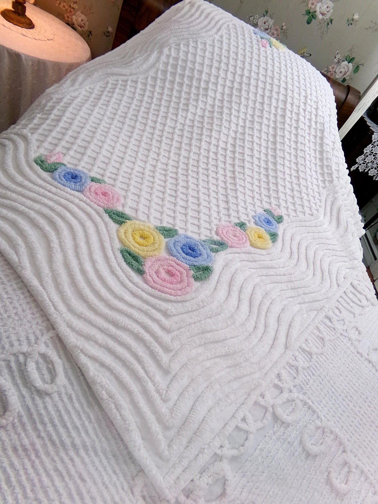 cozy vintage chenille lap blanket in simple cottage florals on white cotton, great porch throw, layering piece, small coverlet, 40"W x 57"L