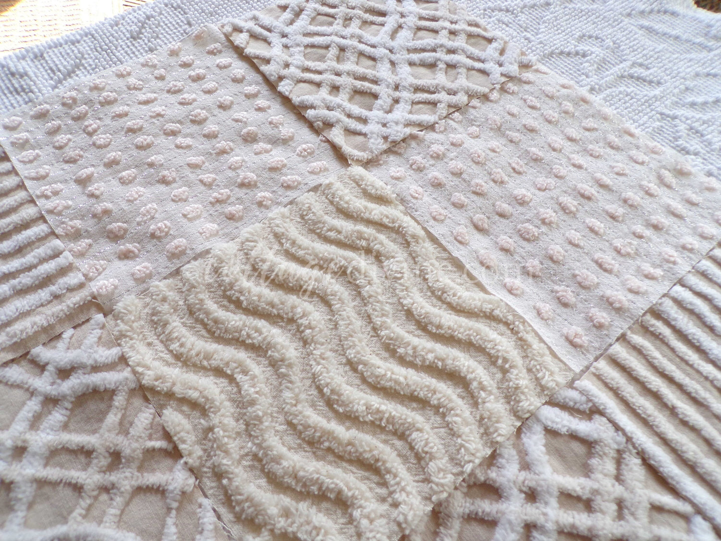 Cream Latte Quilt Squares Set from Vintage Chenille Bedspread Fabric, 16 Blocks, 6" x 6" inch, Neutral tones