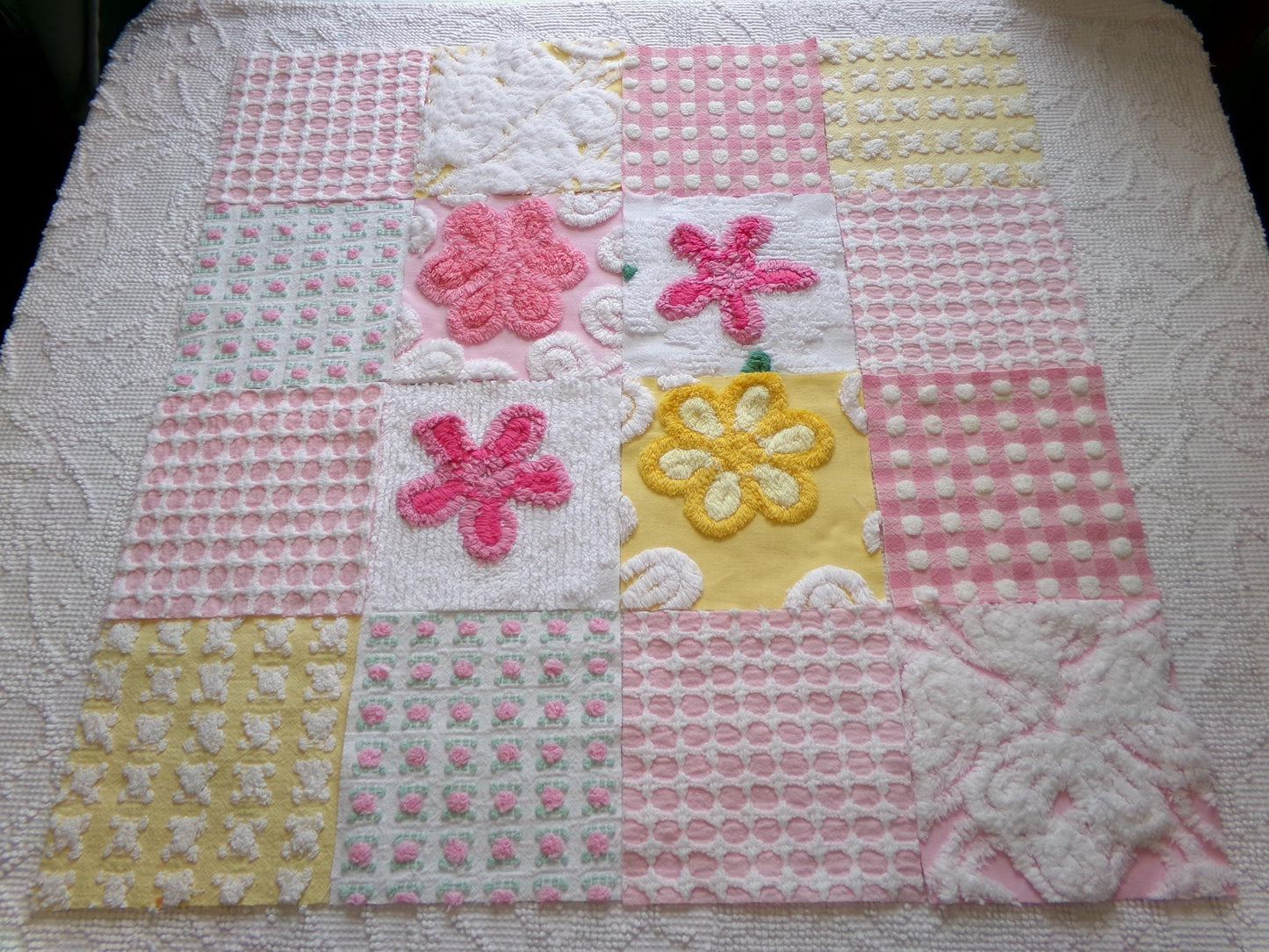 vintage chenille fabric squares, "spring sunrise" set of 16 floral 6" quilt blocks in yellow, pink & white