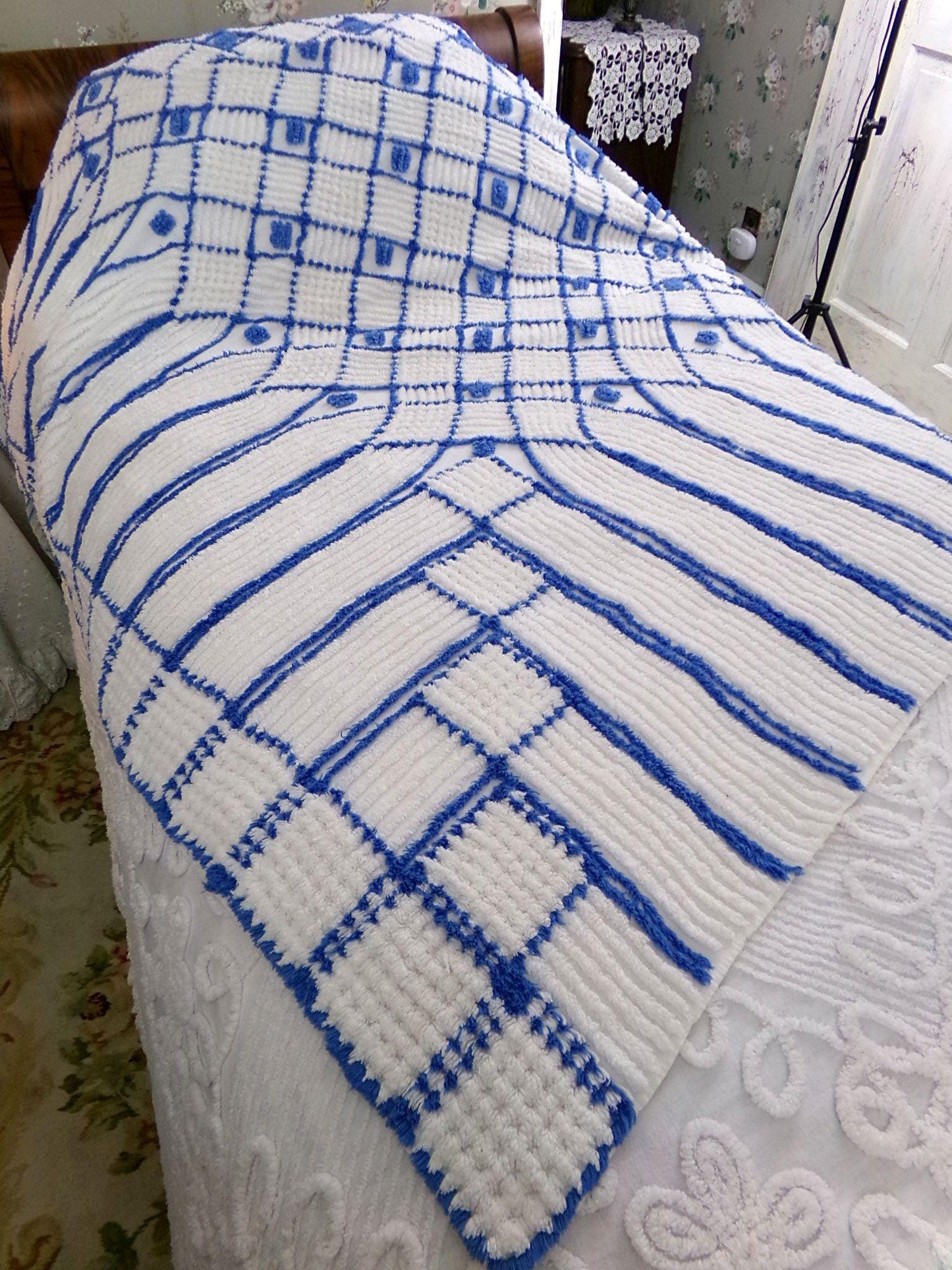 nautical vibes vintage chenille bedspread, blue dots on white cotton with cathedral stripes, full size coastal cottage bedding