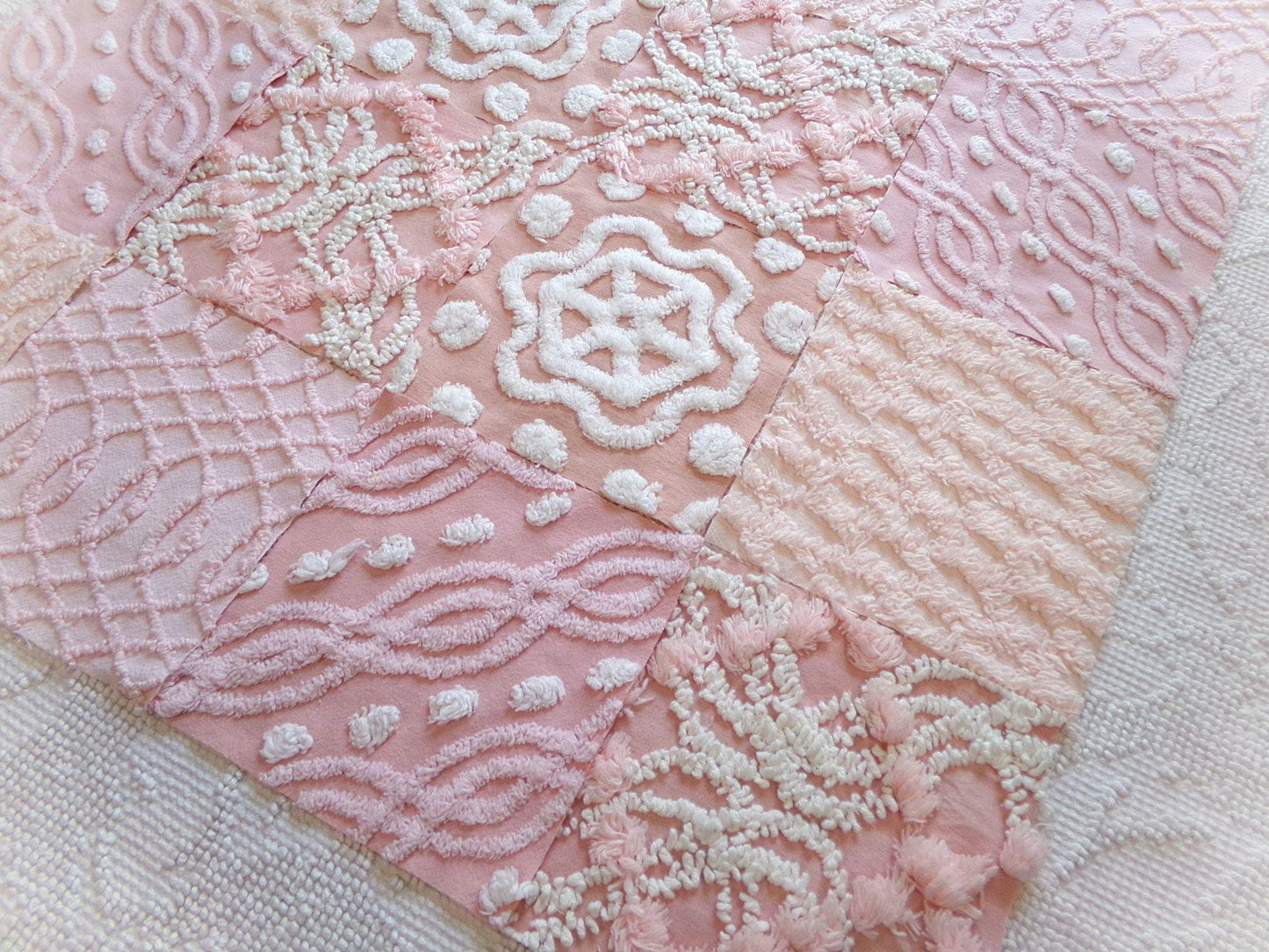 feminine glow vintage 6" chenille squares, set of 16 quilt blocks, rotary cut from pink & peach vintage chenille bedspread fabrics