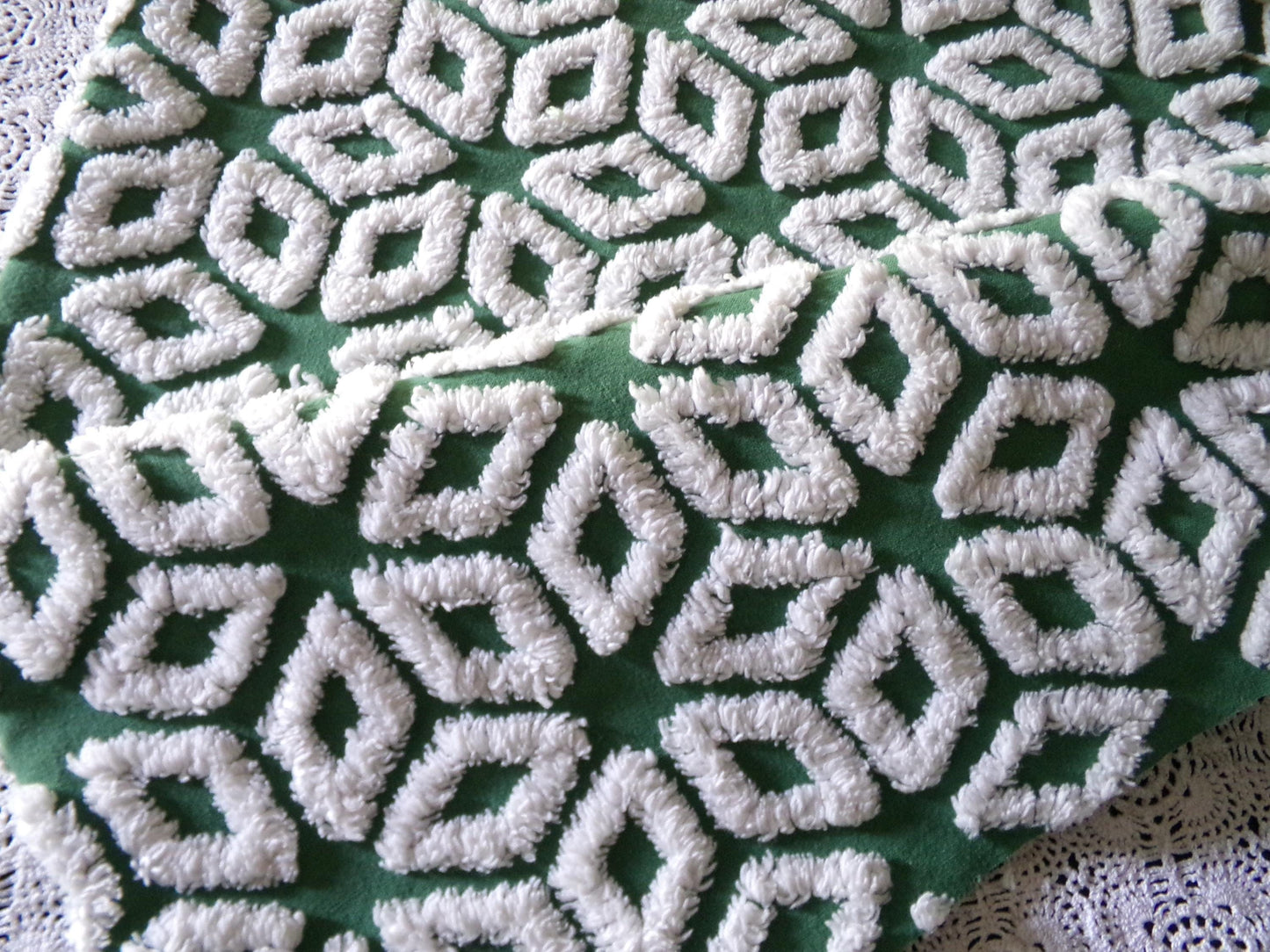 Forest Green Snowflakes Vintage Chenille Material, 18" x 25" inch Fabric Piece, 100% Cotton, Geometric Wedge White Snowflake Design