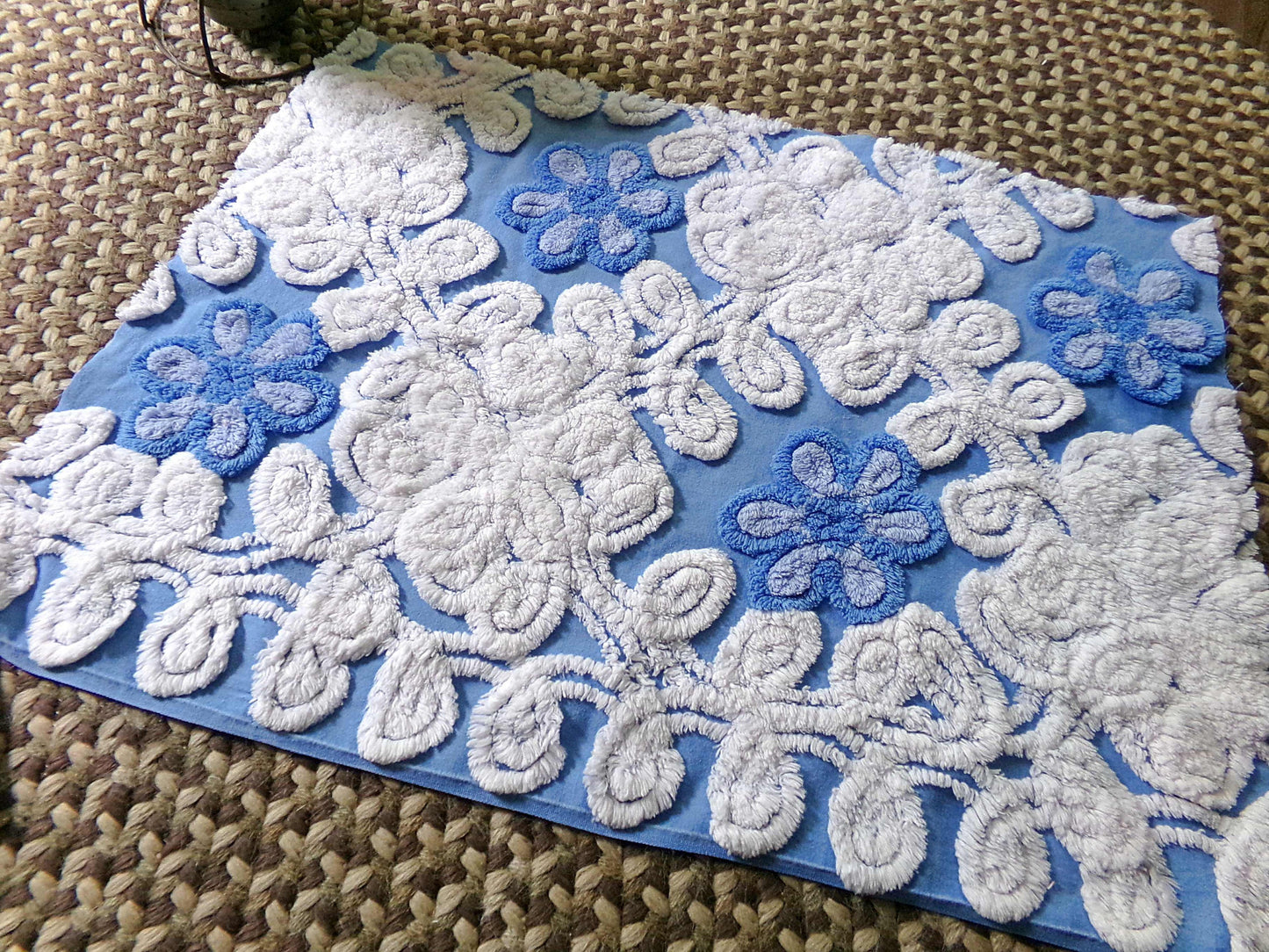 coastal cute blue chenille fabric, plush white swirls surround single flowers, 18" x 24" inch piece of vintage sewing material