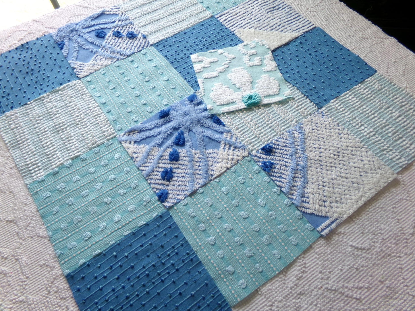 mermaid kisses chenille fabric squares, set of 17 vintage blue & aqua 6" craft blocks, chic designs for quilt inlays, pillows, fiber arts