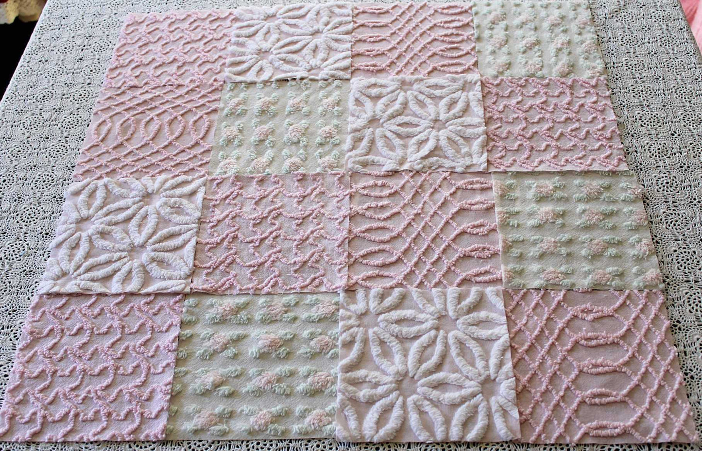 Pink Quilt Squares, Daisy Rosebud Craft Square Set from Vintage Bedspread Fabric, 16 Blocks, 6" x 6" inch