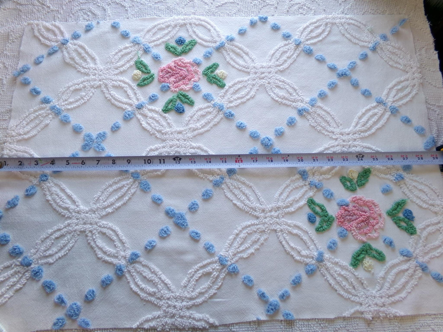 favorite cottage style vintage chenille fabric, pink roses & blue dots, 20" x 27" piece of white sewing material for quilting and crafts