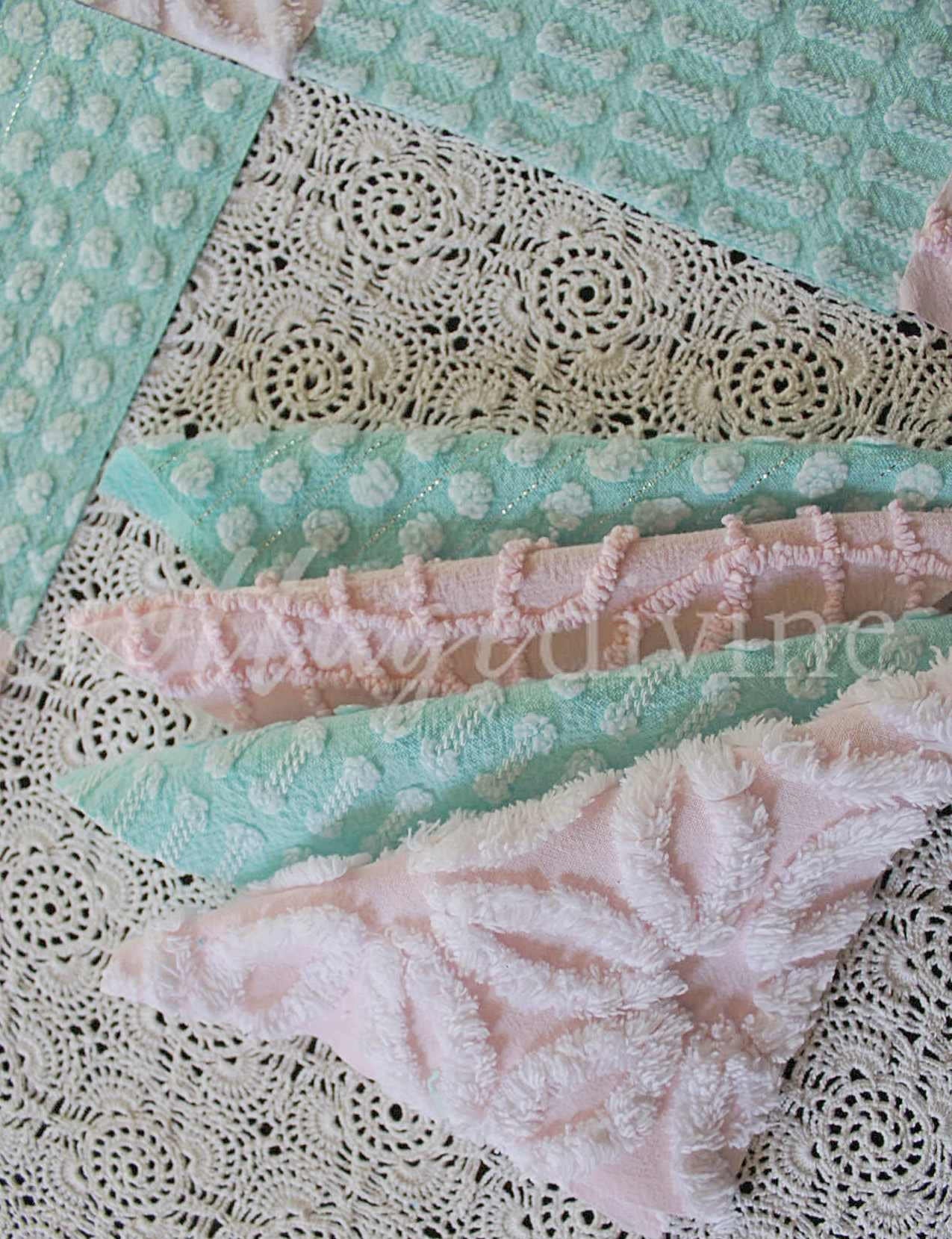 Pink & Aqua Chenille Quilt Squares Set, Rotary Cut from Vintage Chenille Bedspread Fabric, 16 Blocks, 6" x 6" inch each