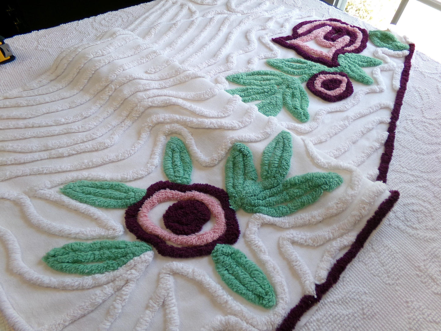 Berry Mauve Blooms Vintage Chenille Fabric, Large 22" x 37" Piece of Plush Swirl White Cotton Sewing Material Upcycle into Quilts & Crafts