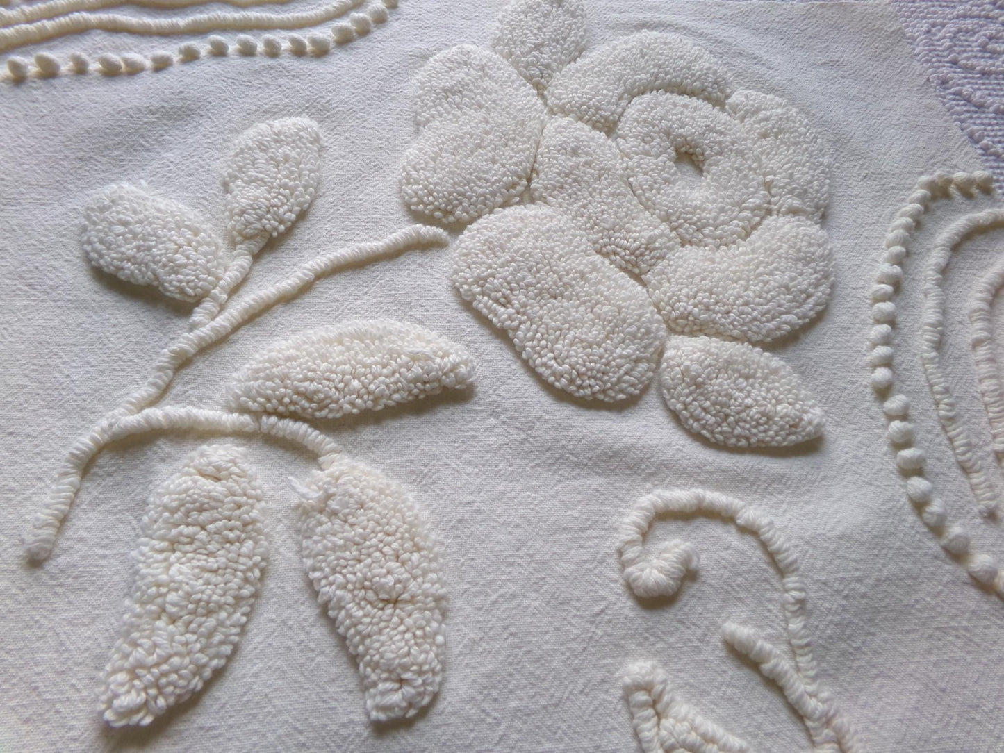 ivory rose vintage chenille fabric, vintage cotton 15" x 21" cut piece with sprawling stylized roses for quilting crafts and sewing