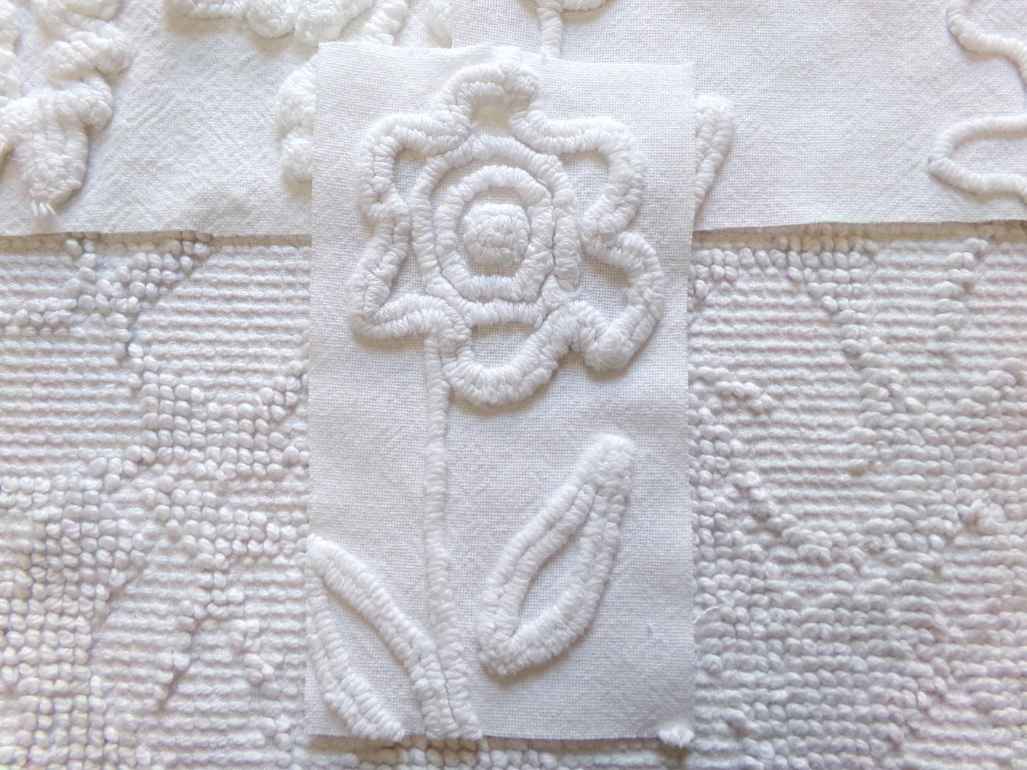 Vintage Chenille Fabric Squares in Rose Lily White Florals from Vintage Bedspread Fabric, Set of 16 Quilt Blocks, 6" x 6" inch