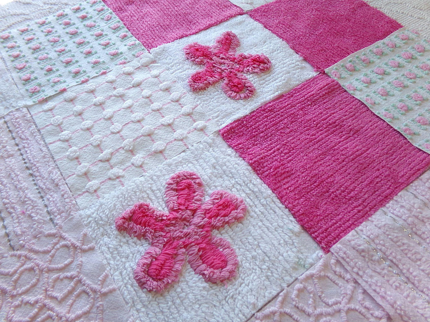 fun pink vintage chenille fabric squares, set of 16 quilt blocks 6" each geometric & flowers for crafts, sewing