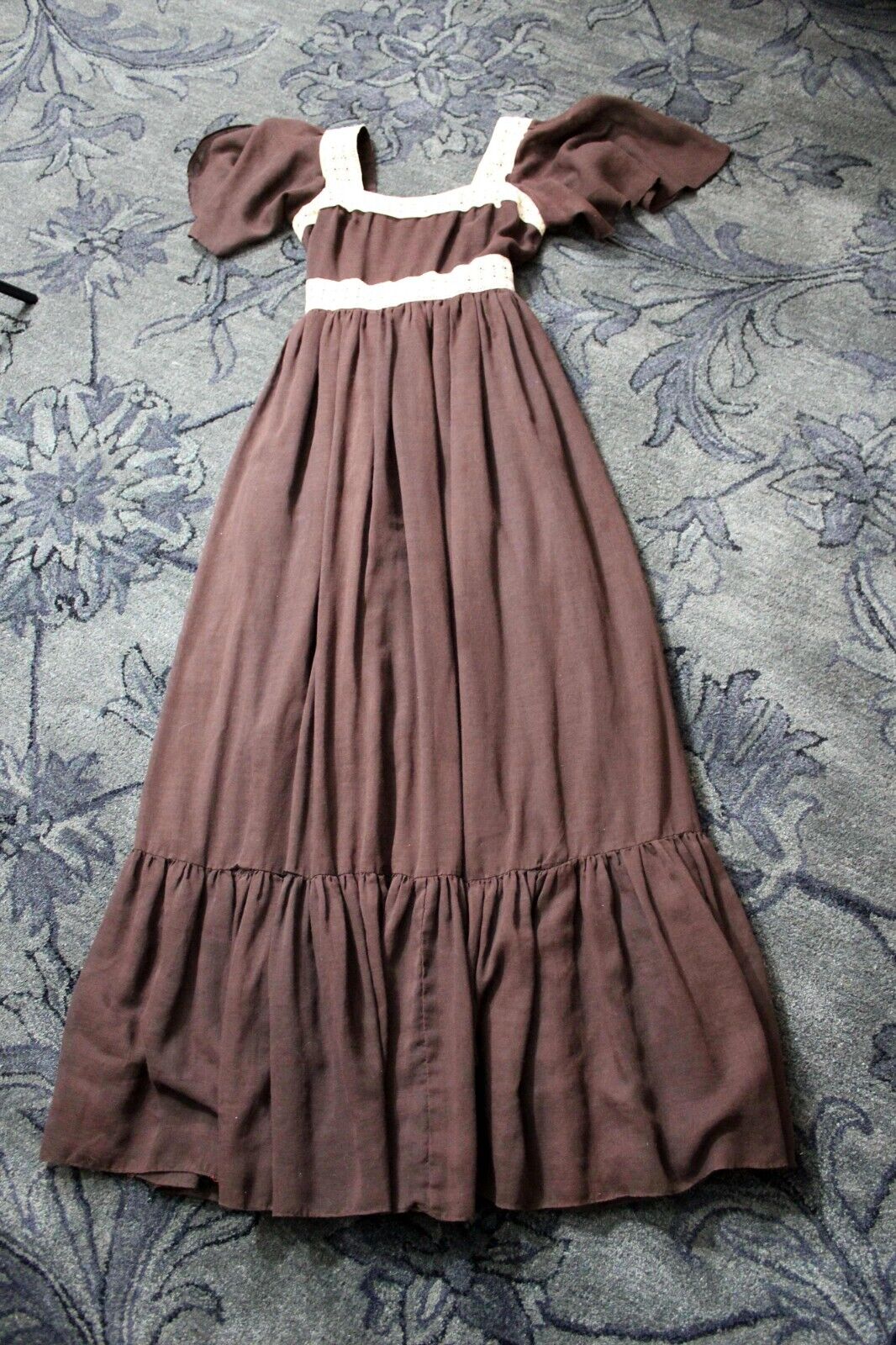 Vintage Boho Brown Prairie Dress, 1970s Long Maxi Length Gown, XS Jr Sz 11, Act I