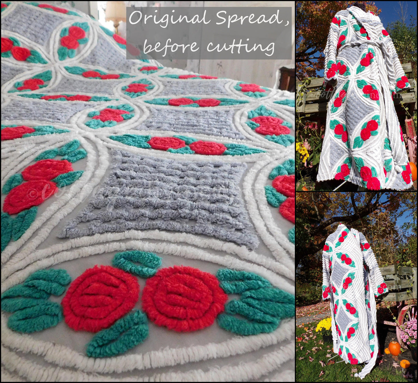 Plus Size Chenille Robe "Lovey Dovey" Red Roses Dove Grey Bathrobe Upcycled from WWII Era Vintage Chenille Bedspread, 1X, 2X Large