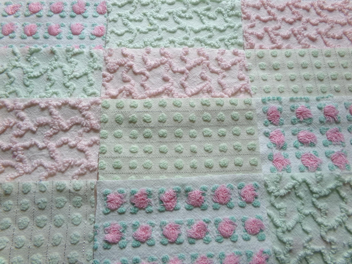 fairytale pink & green chenille fabric squares, set of 12 vintage 6" quilt blocks in crafty girl's dozen, popular squiggles, rosebud, dots