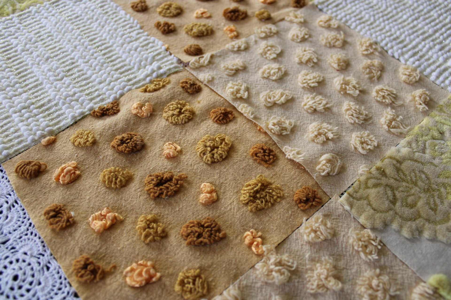 Chenille & Velvet Quilt Squares Set, "Sun Goddess", from Vintage Bedspread Fabric, 16 Blocks, 6" x 6" inches each, Earthtones