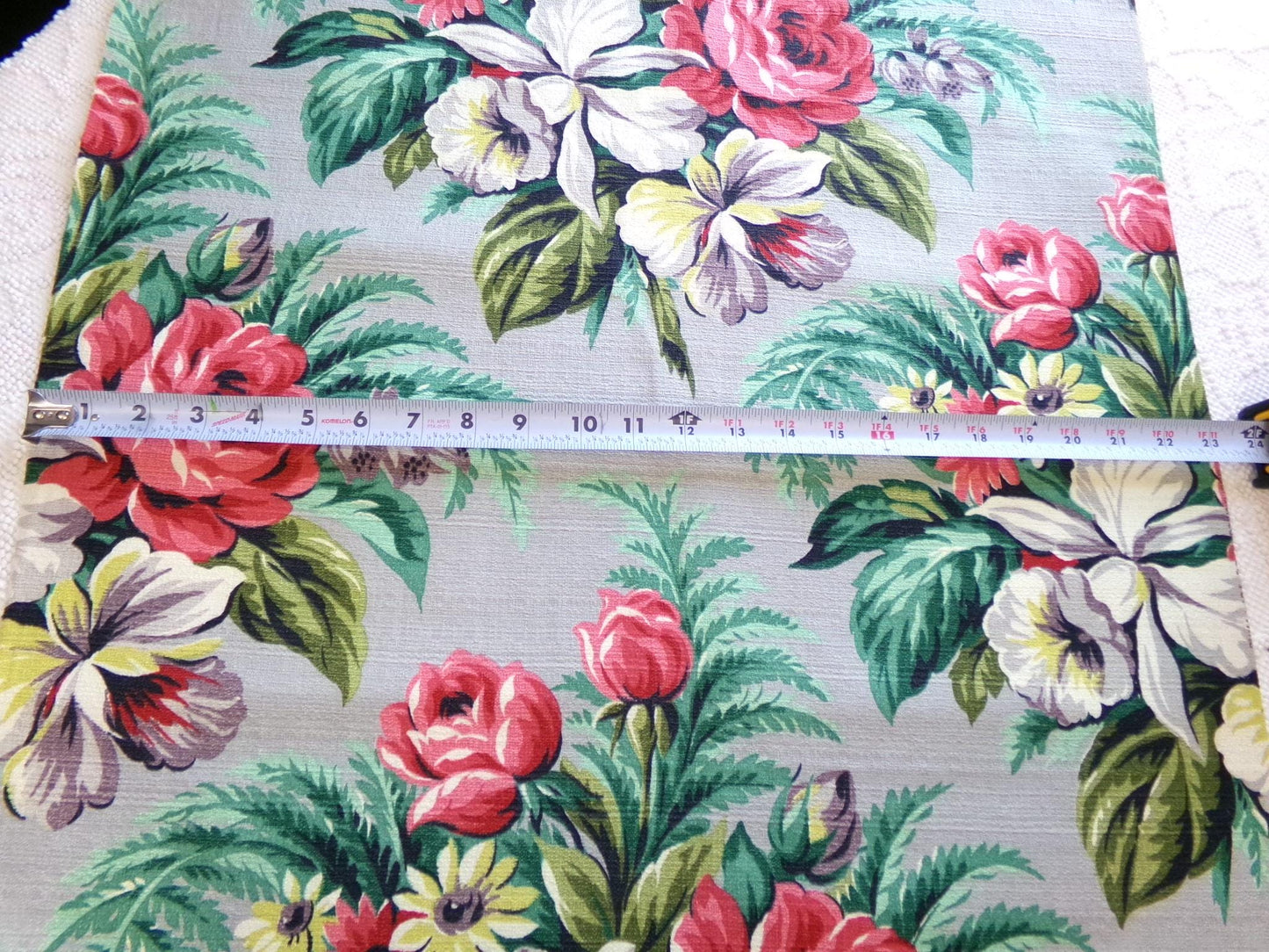 Botanical Vintage Barkcloth Fabric, Tropical Exotic Floral Print on Silvery Grey, 22" x 23" inches, Ideal Fabric Piece for Pillows