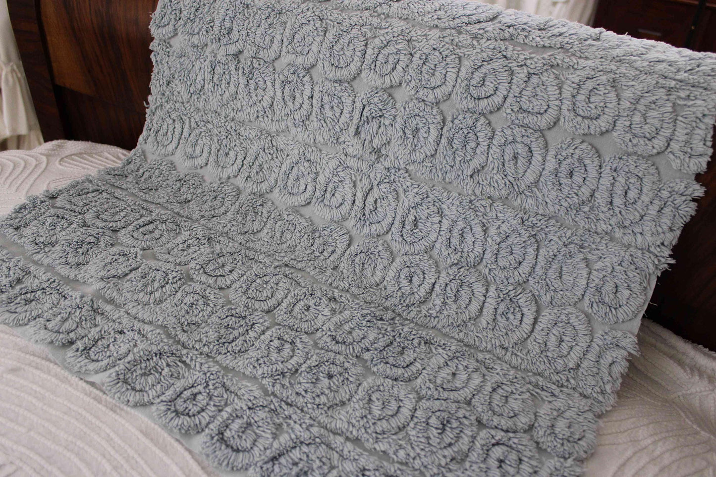 Plush Swirl Tuft Vintage Chenille Bedspread Quilt Fabric, 21" x 25" inch Piece; Stardust Blue Curlicues