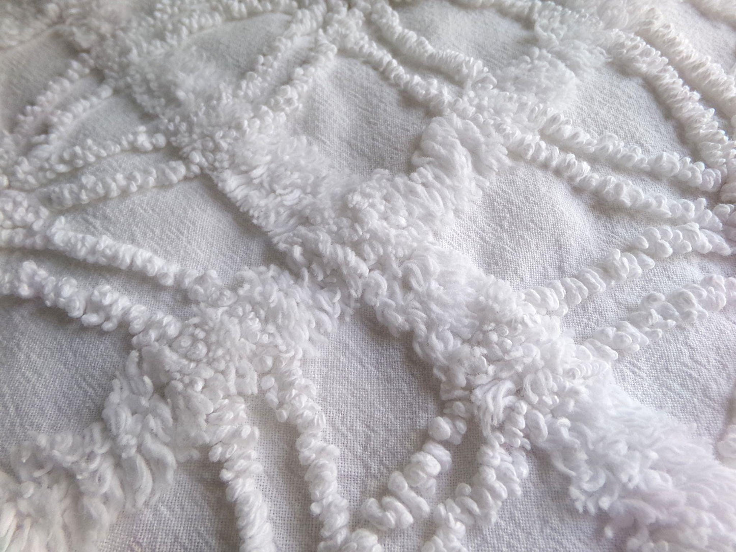 classy white chenille fabric, 3D windowpane webbing design, 20" x 25" inch piece of vintage sewing quilt material, versatile cool neutral
