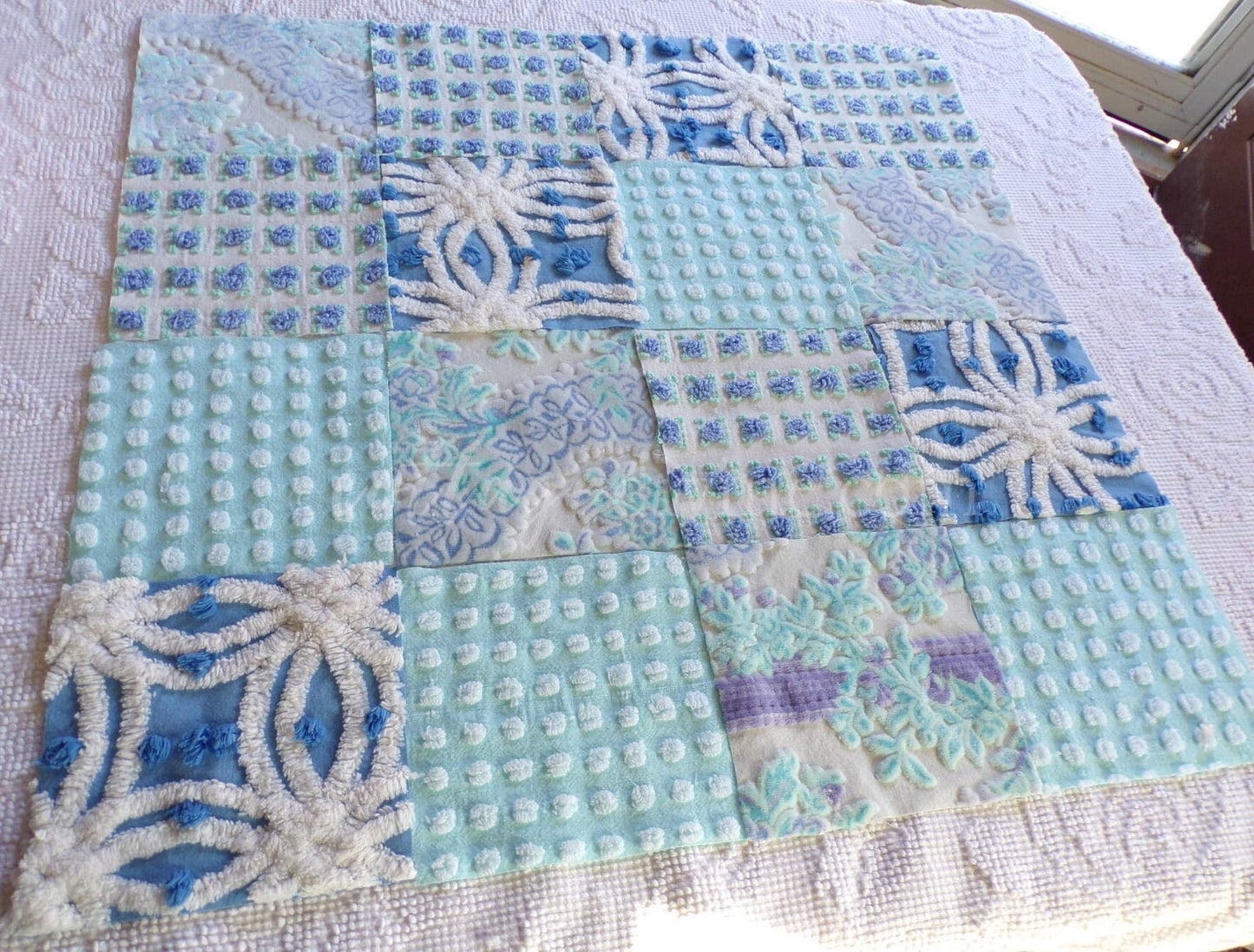 Mystic Moonglow Luxury Chenille & Velvet Quilt Squares Set from Vintage Bedspread Fabric, 16 Blocks, 6" inch