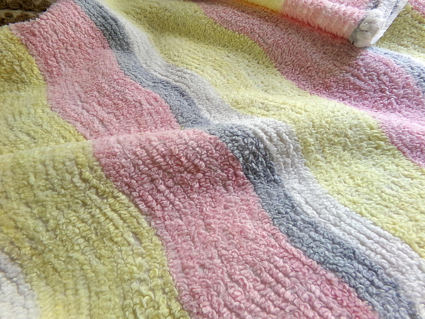 soft cozy striped chenille fabric, vintage 20" x 24" piece of lightweight sewing material in pink, yellow, white & grey ripple stripes