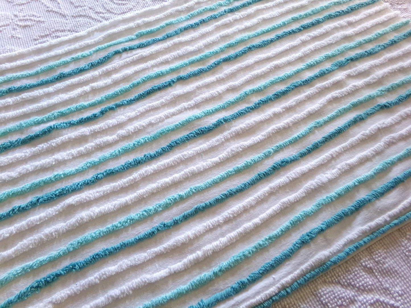 breezy coastal cottage chenille fabric, vintage aqua, teal & white striped sewing material for handmade quilts, crafts, 18" x 24" inch piece