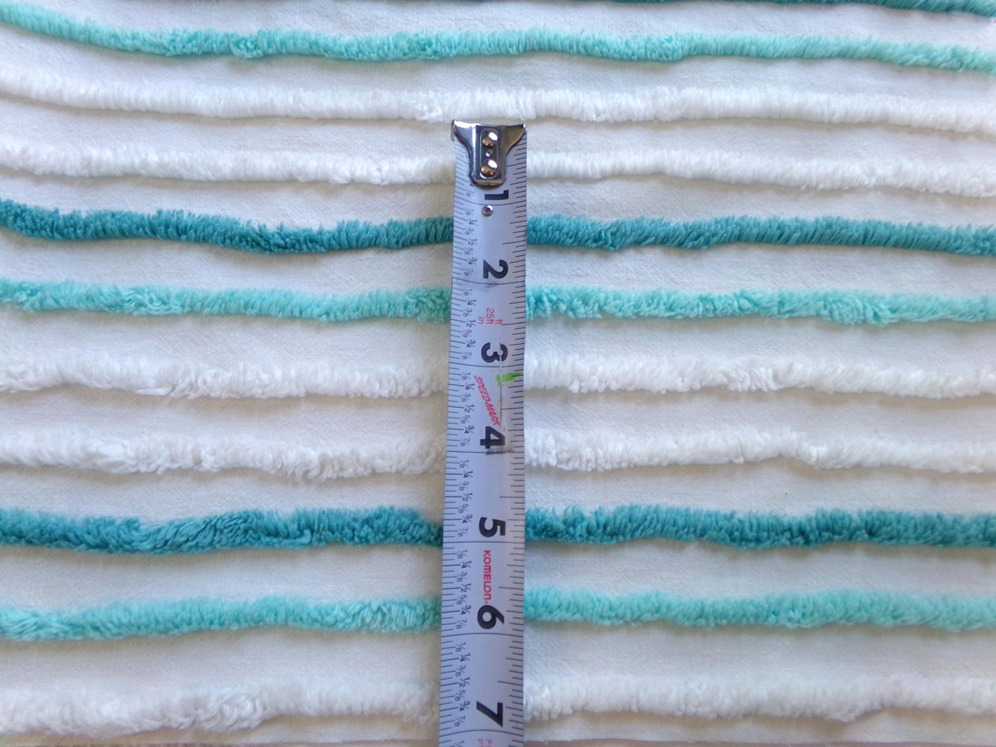 chic coastal cottage vintage chenille fabric, aqua, teal & white striped sewing material for chenille quilts, crafts, 17" x 27" inch piece