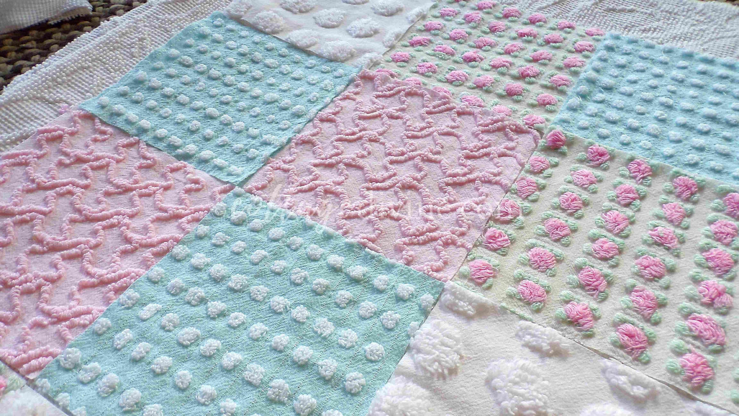Classic Cottage Chic Chenille Quilt Squares Set from Vintage Bedspread Fabric, 16 Blocks, 6" x 6" inch, Pretty Pink Rosebud, Aqua & White
