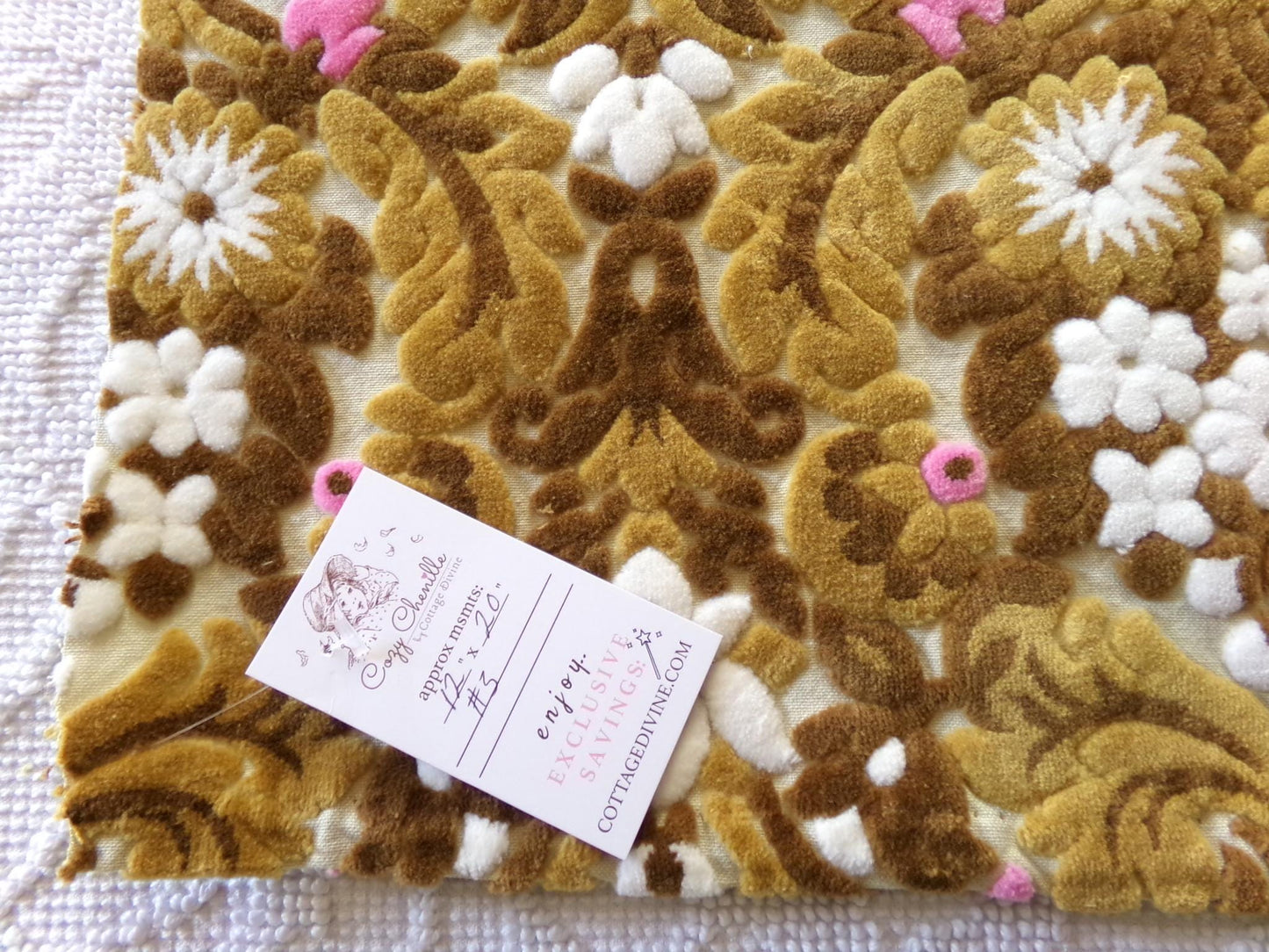 cut velvet fabric in caramel chocolate, vintage Bates tapestry chenille, 12" x 20" inch piece, ideal sewing material for small bags