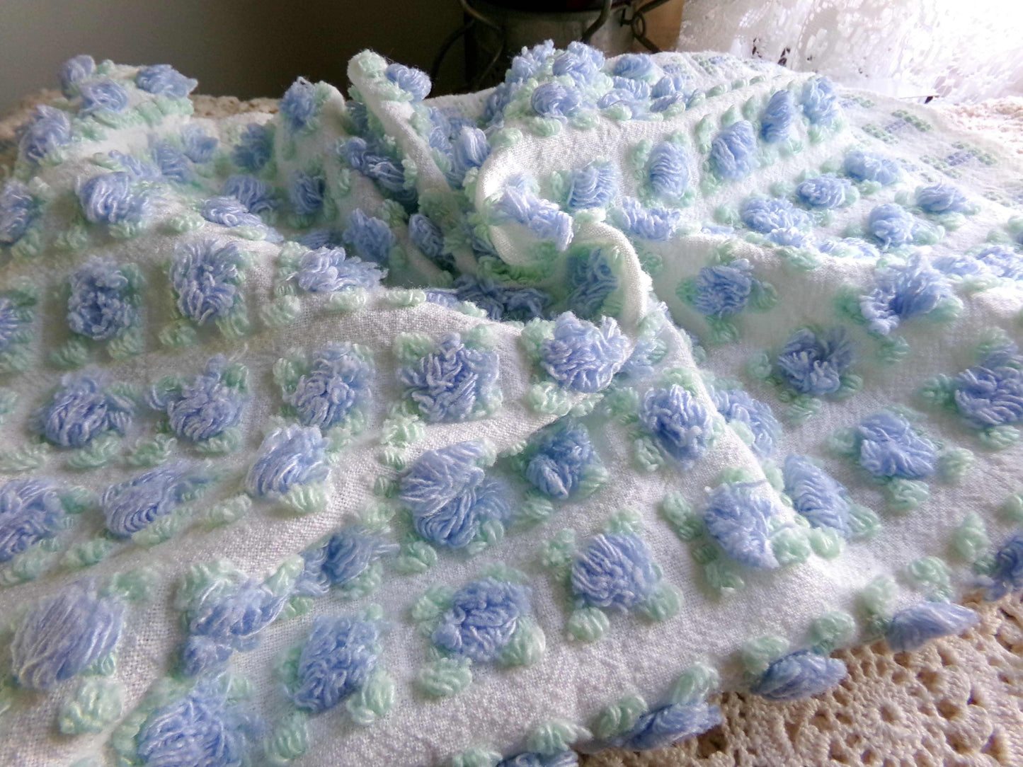 Heavenly Blue Rosebud Vintage Chenille Fabric, Morgan Jones Rose Design, 24" x 18" inch Piece, Angelic Raised Roses on White
