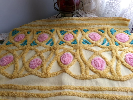 fairytale rose vintage chenille material, lovely quilt fabric, or for pillows, wall hangings, 15" x 23" piece, golden yellow & pink roses