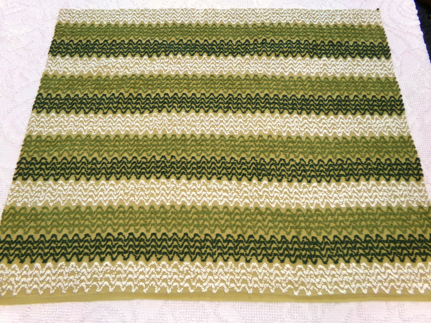 groovy green zig zag vintage chenille fabric, earthy avocado, olive textured pattern, 18" x 24" cut piece for arts & crafts