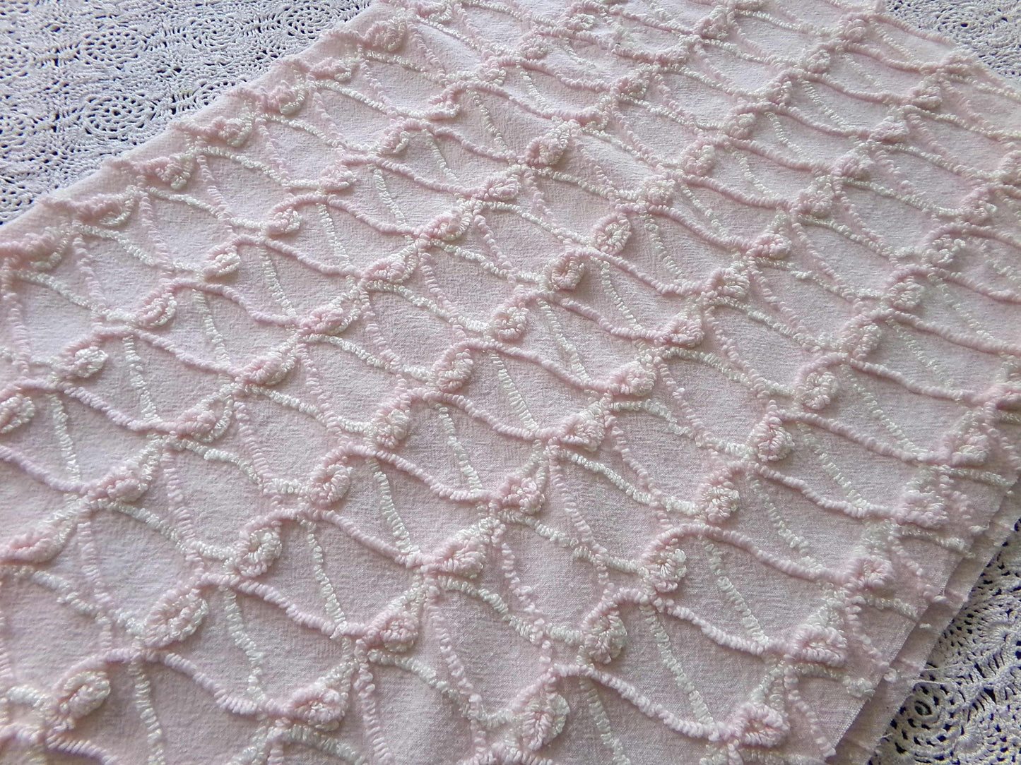 Eternity Knots Vintage Chenille Fabric Material, 19" x 26" inch Piece, Lovely Feminine Pastel Pink & Iridescent Vanilla Cream
