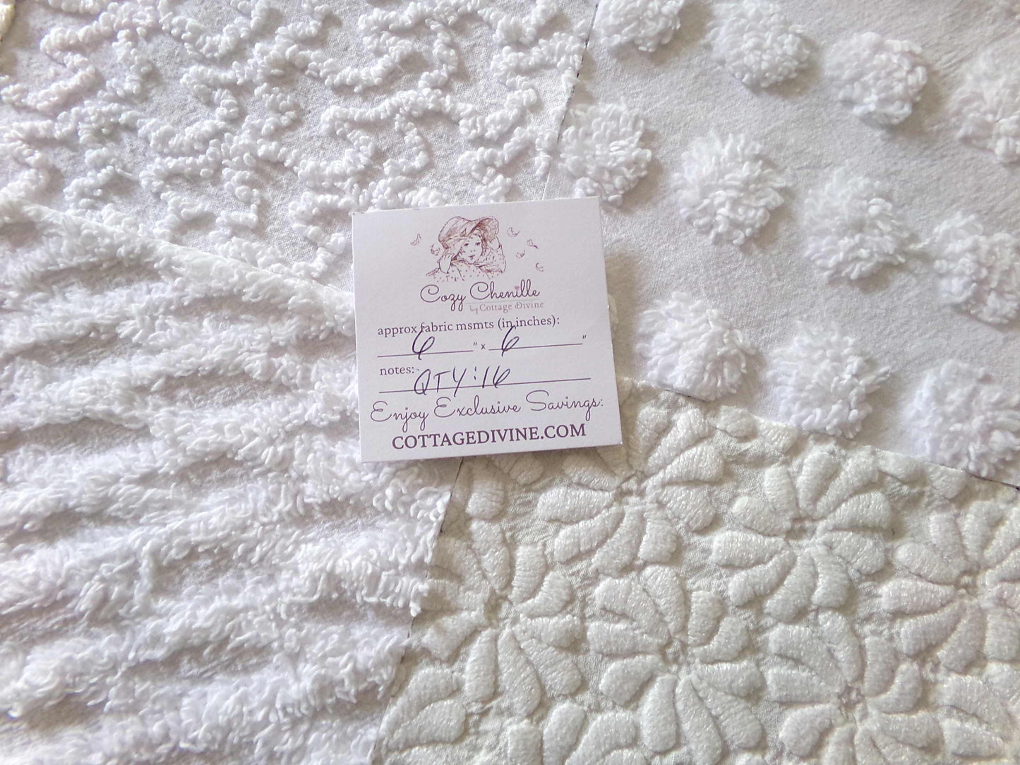 White Fabric Squares Cut from Vintage Woven & Chenille Bedspreads, *Daisies in Snow* Shades of White, 16 Quilt Blocks, 6" x 6" inch each
