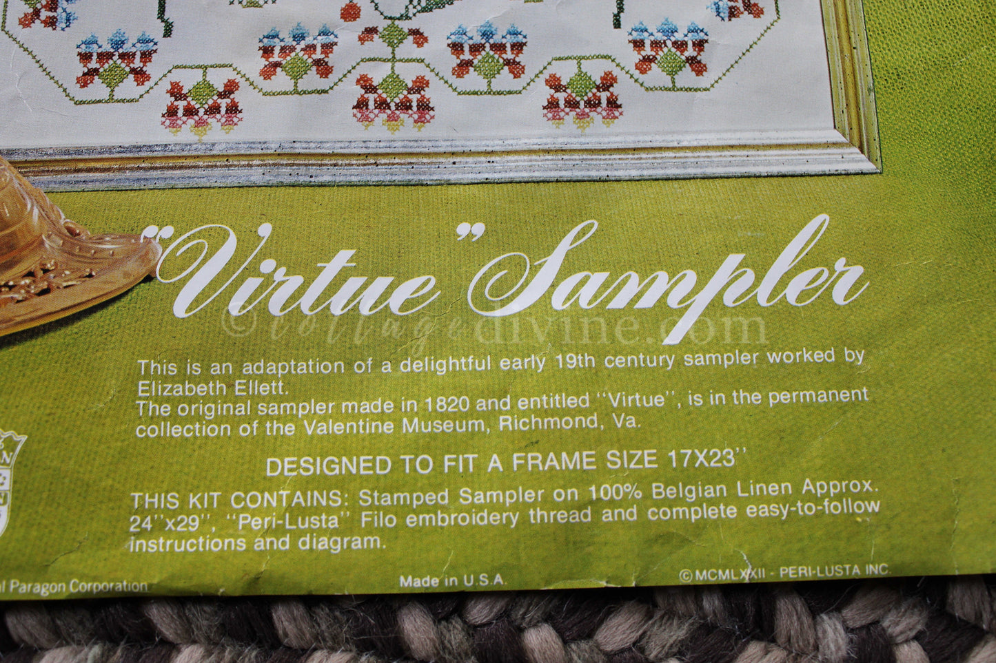 Rare VIRTUE Embroidery Sampler, Paragon Needlecraft Valentine Museum Reproduction, Vintage Cross Stitch Stitchery Kit # 0609, Belgian Linen