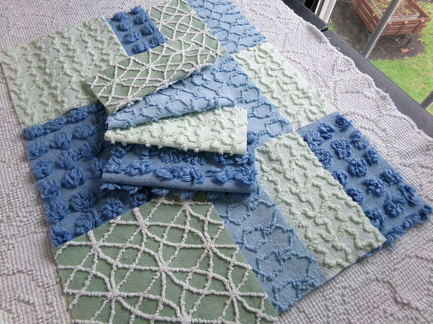 misty mermaid chenille fabric squares, 16 vintage 6" quilt blocks in coastal blue & green, for sewing, crafts, fiber arts