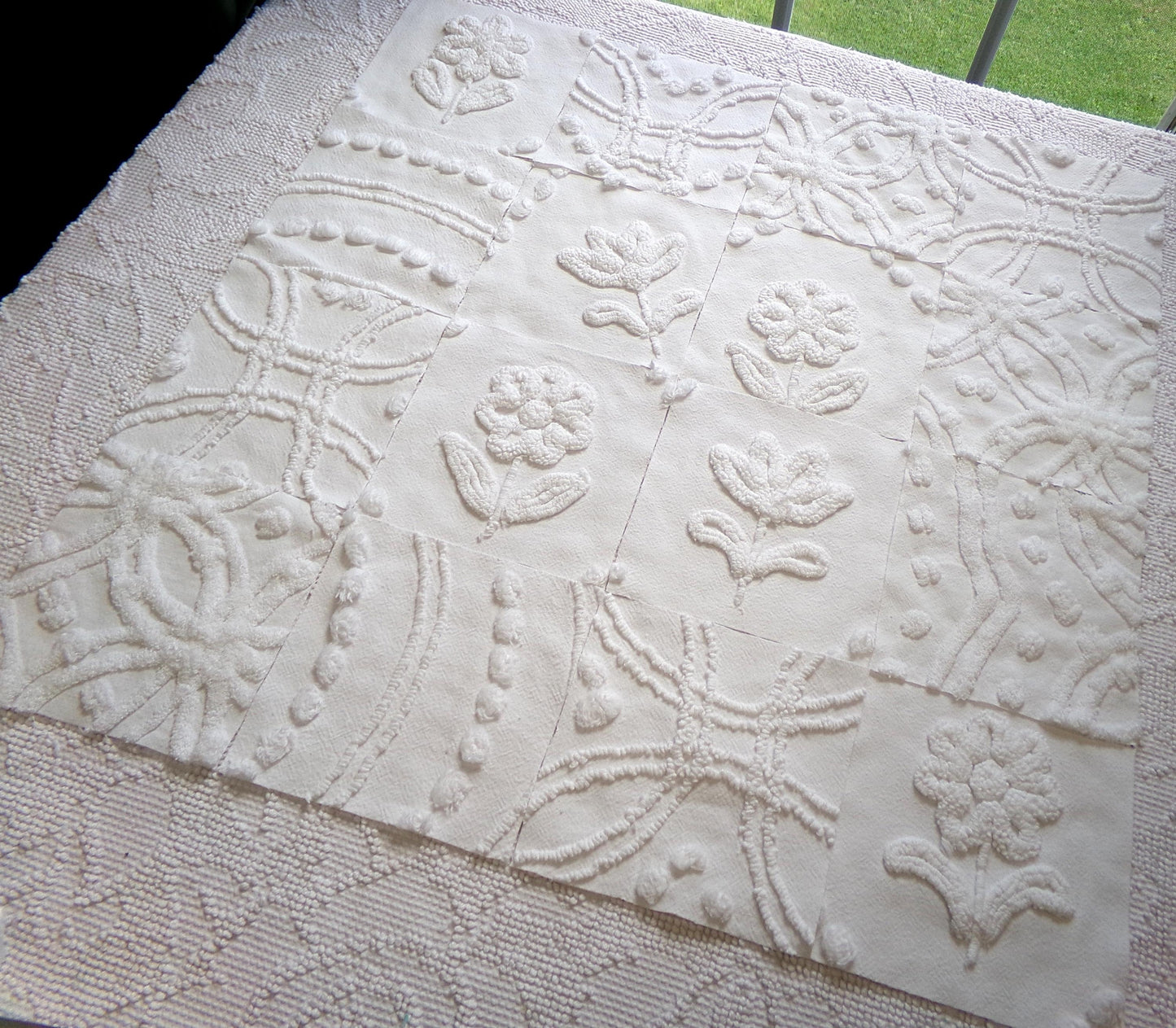 vintage 6" chenille fabric squares, "whispers of white" set of 16 quilt blocks in florals & geometrics