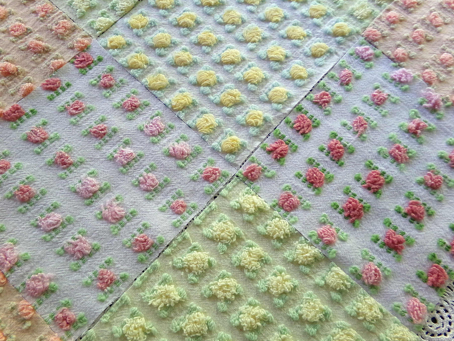 Sunrise Rosebud Chenille Quilt Squares Set, from Vintage Bedspread Fabric, 16 Blocks, 6" inch, in Yellow, Peach, & Ombre Pink Roses