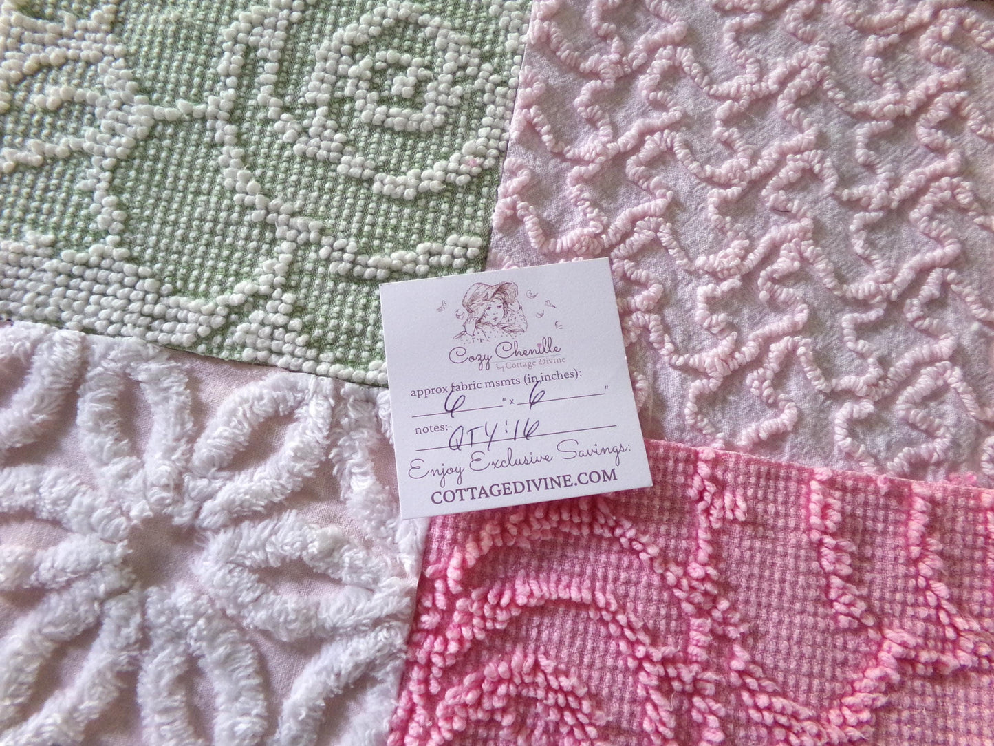 Flower Lady Vintage Chenille Squares, 16 Quilt Blocks, 6" inch in Sage Green, Petal Pink & Rose, from Chenille Bedspread Fabrics