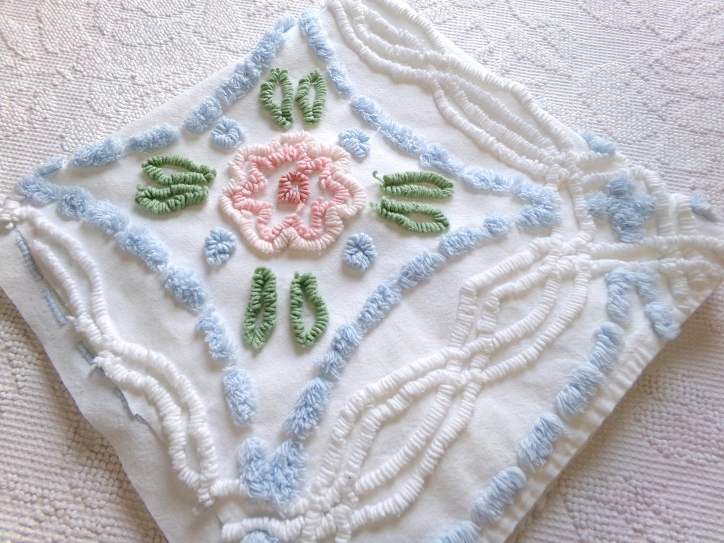 cottage chic vintage chenille fabric: pink & blue floral 24" x 24" cut piece sewing material