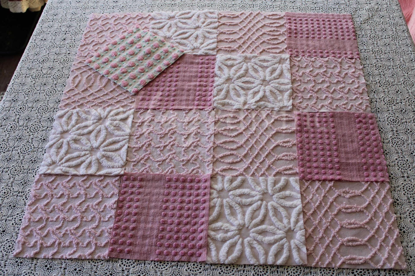 Prettiest Pink Quilt Squares, Daisy Rose Craft Square Set from Vintage Chenille Bedspread Fabric, 17 Blocks, 6" x 6" inch