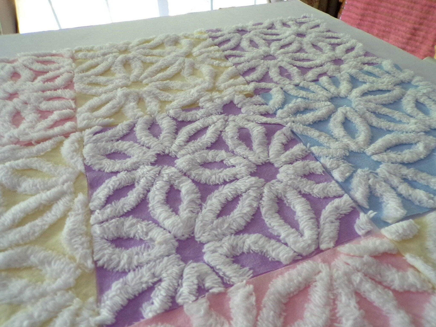 Rainbow Pastel Daisy Quilt Squares Set, Fluffy & Plush, from Vintage Chenille Bedspread Fabric, 16 Blocks, 6" x 6" inch