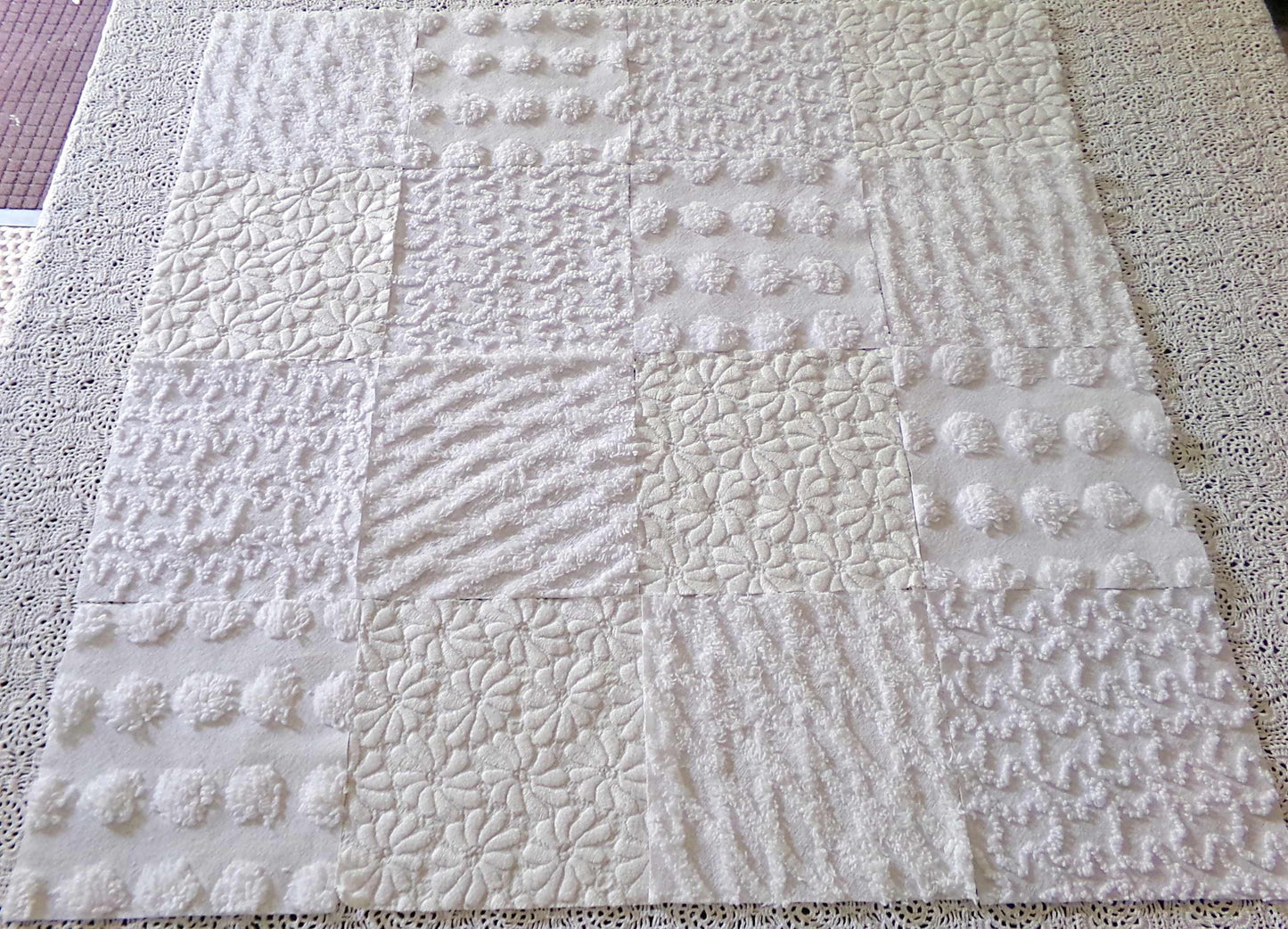 White Fabric Squares Cut from Vintage Woven & Chenille Bedspreads, *Daisies in Snow* Shades of White, 16 Quilt Blocks, 6" x 6" inch each