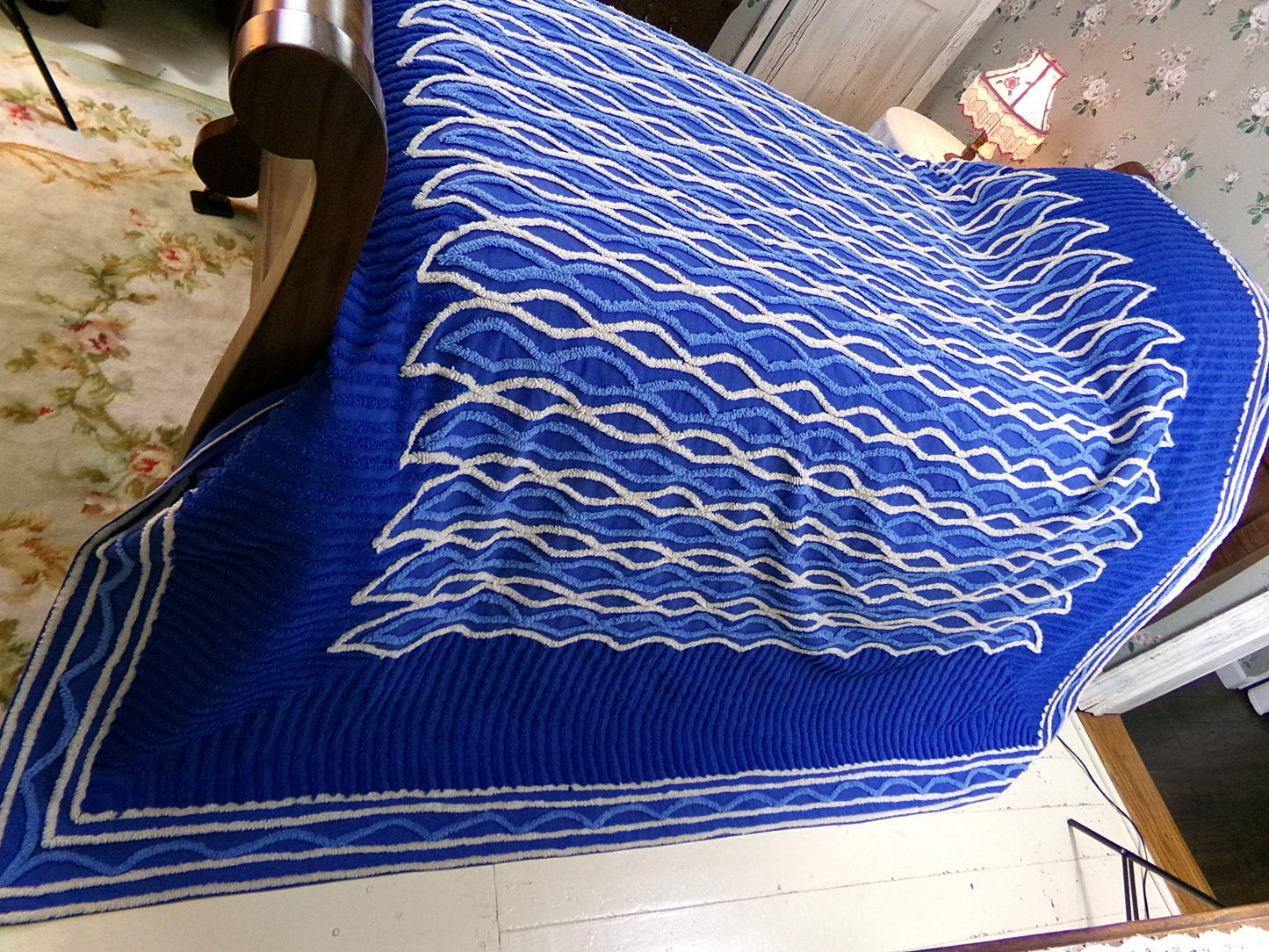 blue flame vintage chenille bedspread, dramatic unique geometric design, full size cotton bedding