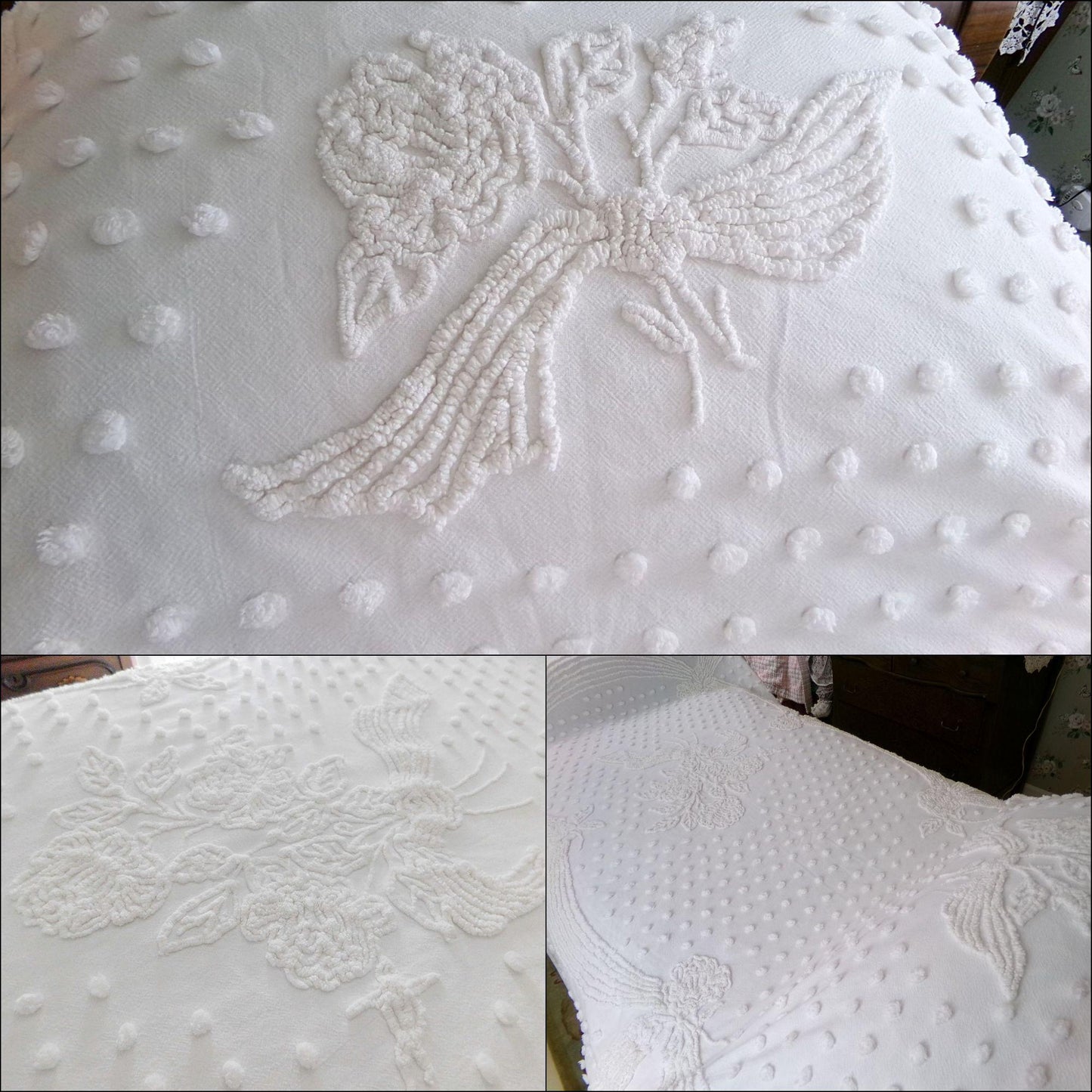 romantic farmhouse style white vintage chenille bedspread, roses, dots & swag bows, twin size cotton summer coverlet