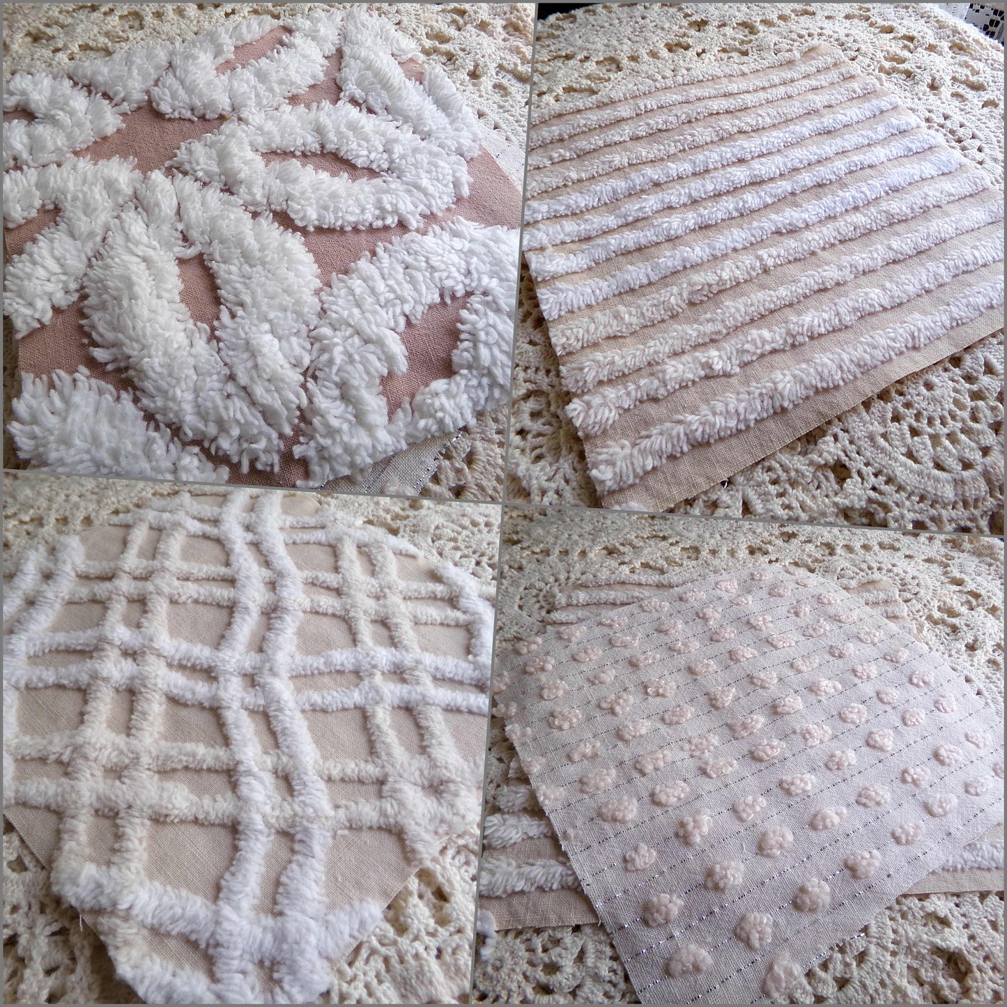 Neutral Modern Chenille Quilt Squares Set from Vintage Bedspread Fabric, 16 Blocks 6" x 6" inch, Daisy, Wavy Honeycomb, Stripe, Dot Patterns