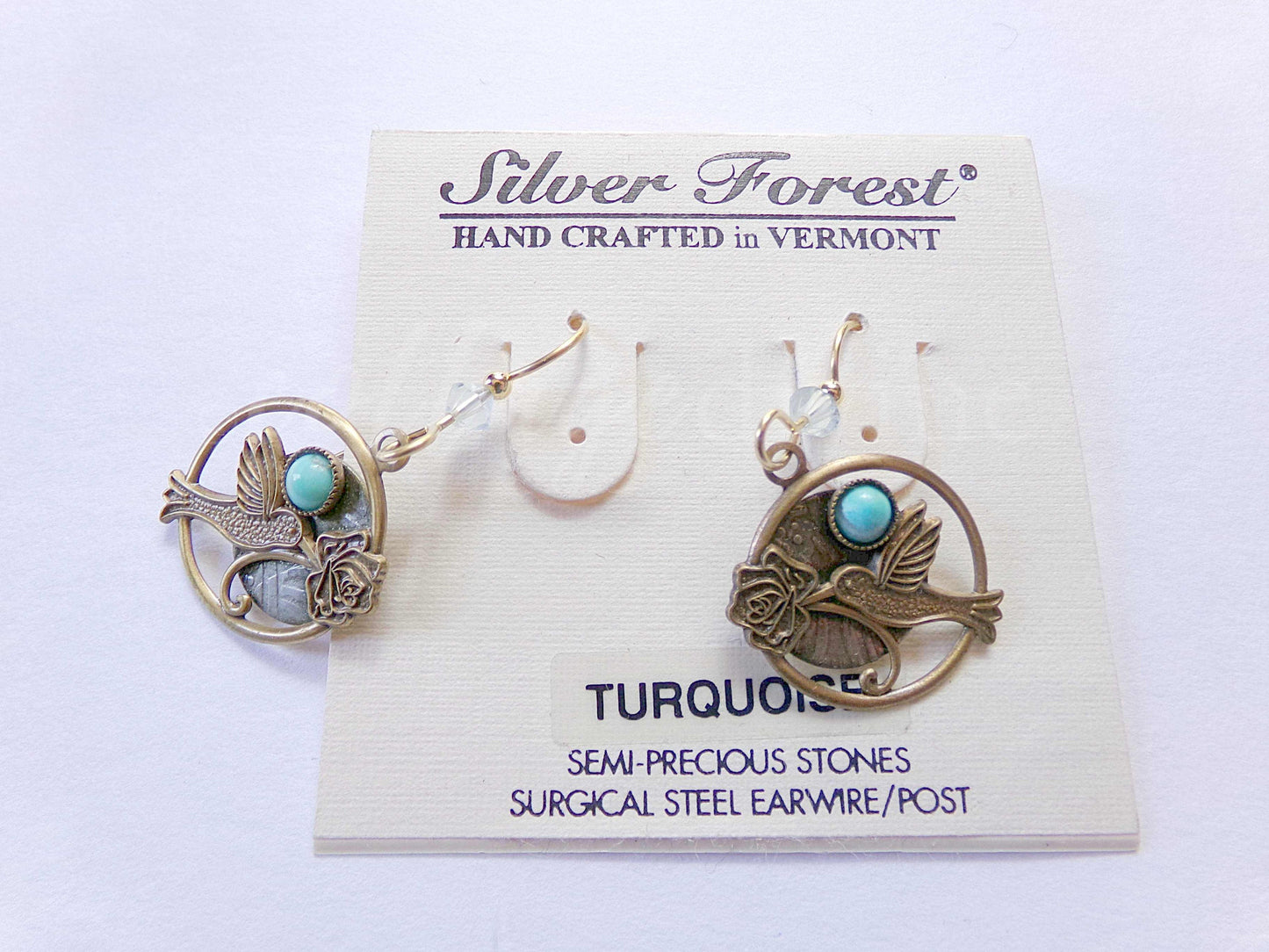 Hummingbird Rose Pierced Dangle Earrings, Turquoise Accent Vintage Style Silver Forest Vermont Boho Design