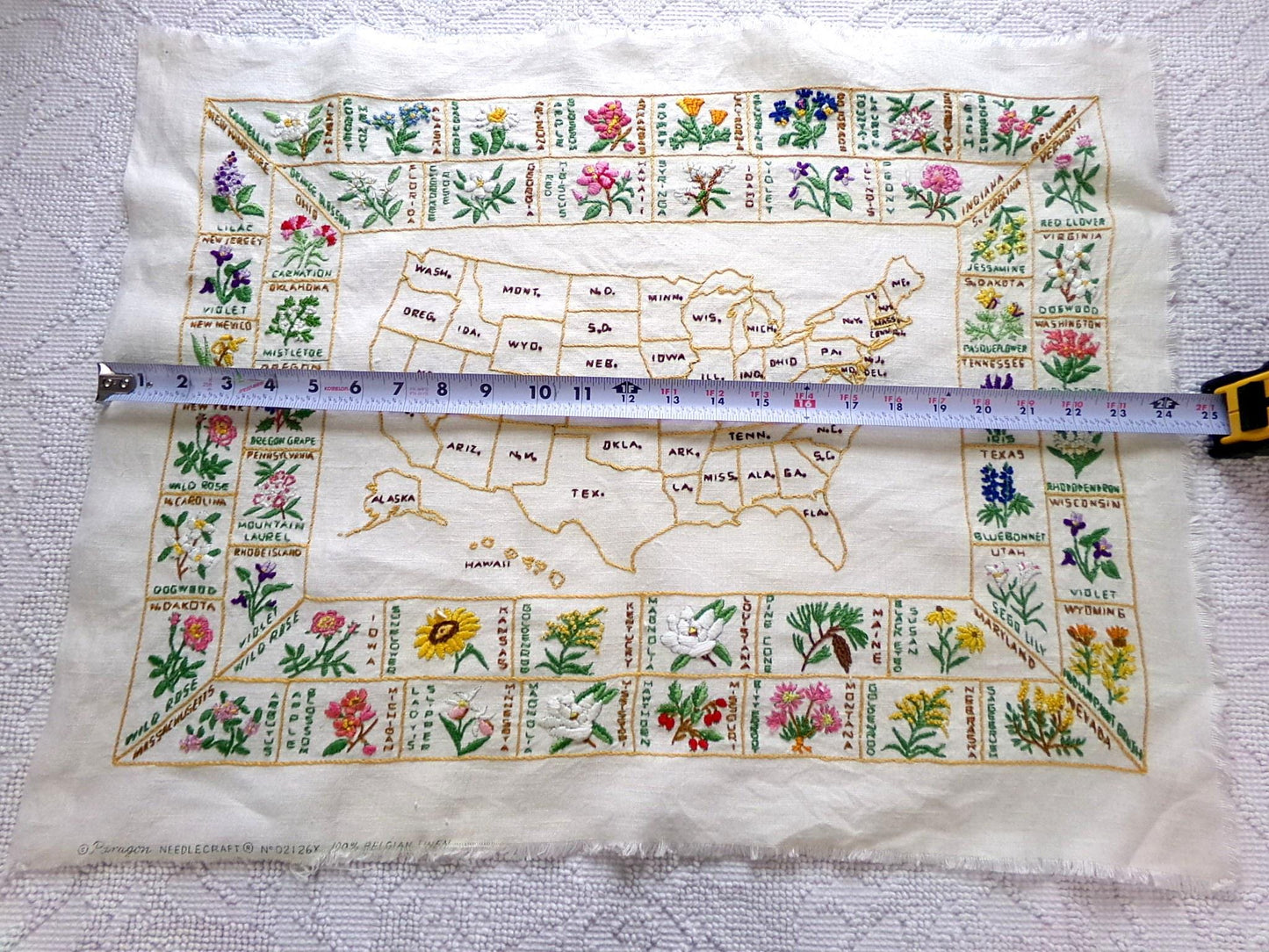 Vintage Embroidery Sampler 50 United States Flowers USA Map Heirloom Piece on 100% Belgian Linen, Paragon Stitchery, Completed, Unframed