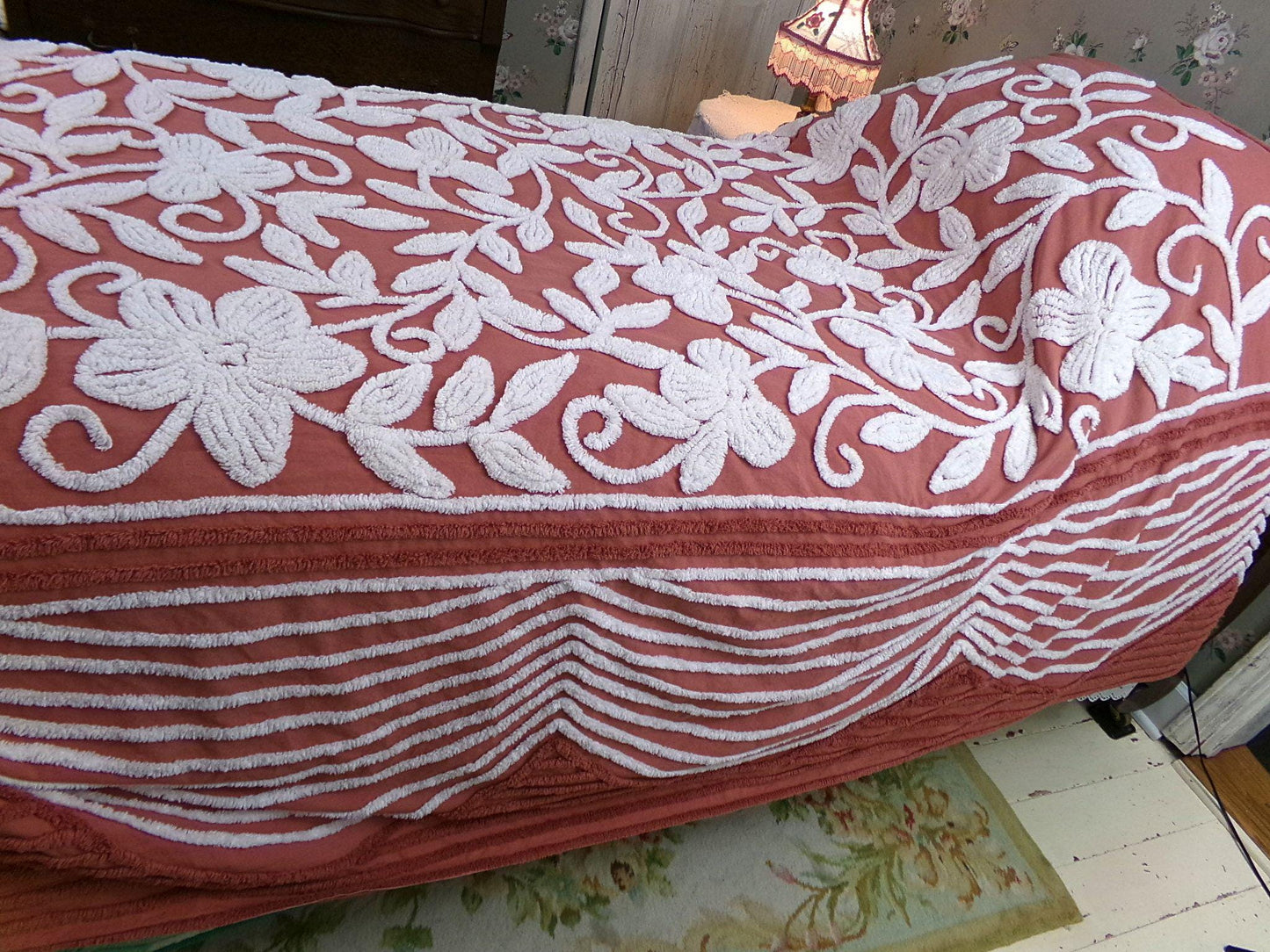 boho floral chenille bedspread, white climbing showy flowers on rusty terracotta vintage hippie 1970s style bedding