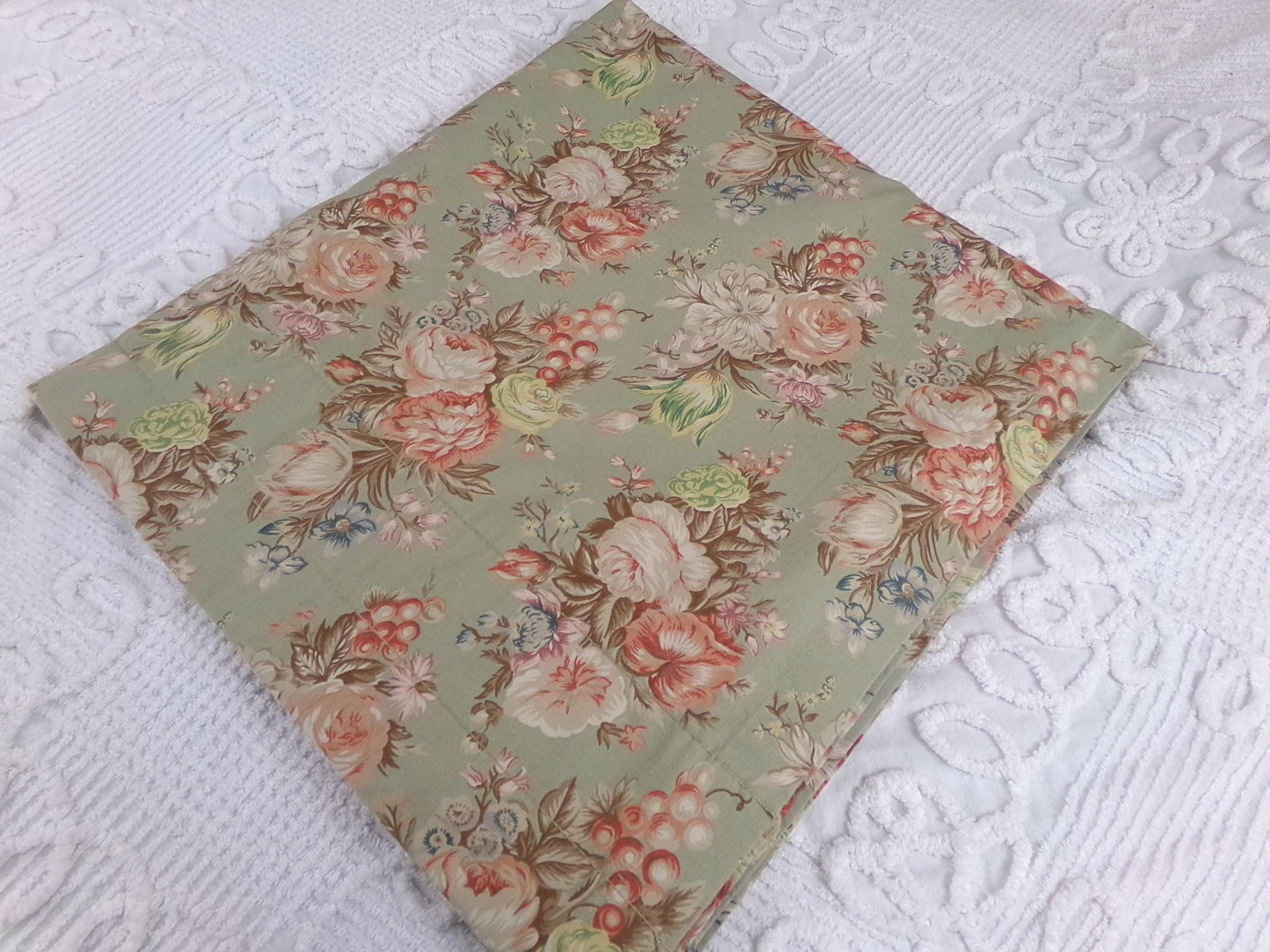 Ralph Lauren Charlotte SINGLE Curtain Panel, Vintage Sage Green Floral Window Drape, Classic Blue Label Print, USA Made Cotton